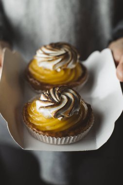 Limon pasta kadın elinde. Geleneksel Fransız tatlı pasta tart. Lezzetli, iştah açıcı, ev yapımı tatlı limon kremalı. Alan, closeup kopyalayın. Seçici odak. Tonda