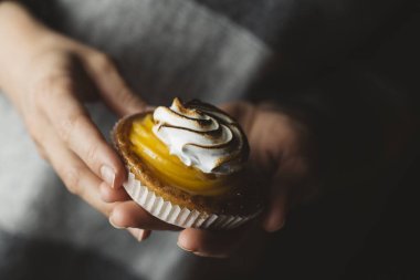 Limon pasta kadın elinde. Geleneksel Fransız tatlı pasta tart. Lezzetli, iştah açıcı, ev yapımı tatlı limon kremalı. Alan, closeup kopyalayın. Seçici odak. Tonda
