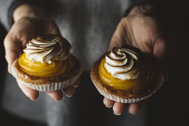 Limon pasta kadın elinde. Geleneksel Fransız tatlı pasta tart. Lezzetli, iştah açıcı, ev yapımı tatlı limon kremalı. Alan, closeup kopyalayın. Seçici odak. Tonda