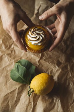 Limon pasta kadın elinde. Geleneksel Fransız tatlı pasta tart. Lezzetli, iştah açıcı, ev yapımı tatlı limon kremalı. Alan, closeup kopyalayın. Seçici odak. Tonda