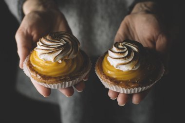 Limon pasta kadın elinde. Geleneksel Fransız tatlı pasta tart. Lezzetli, iştah açıcı, ev yapımı tatlı limon kremalı. Alan, closeup kopyalayın. Seçici odak. Tonda