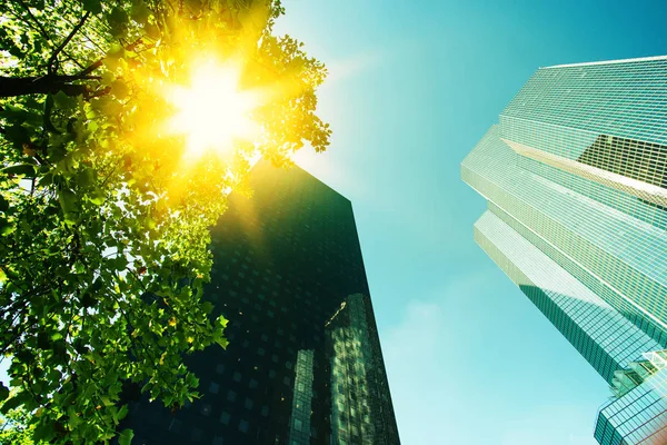 Wolkenkrabber glazen gevels op een zonnige dag met zonnestralen in de blauwe hemel. Moderne gebouwen in Parijs zakelijke wijk La Defense. Economie, financiën, activiteit bedrijfsconcept. Bottom-up-weergave — Stockfoto