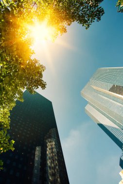 Gökdelen cam cepheler mavi gökyüzünde güneş ışınları ile parlak güneşli bir günde. Paris iş modern binalar La Defense bölge. Ekonomi, Maliye, iş etkinlik kavramı. Alt görünümü kadar