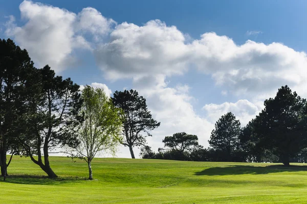 Vista general de un campo de golf verde en un día soleado brillante. Paisaje idílico de verano. Deporte, relax, recreación y ocio —  Fotos de Stock