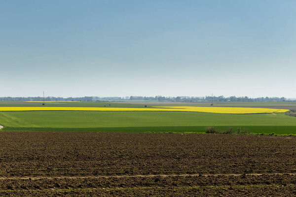 Agricultural fields on a sunny spring day in Normandy, France. Countryside landscape