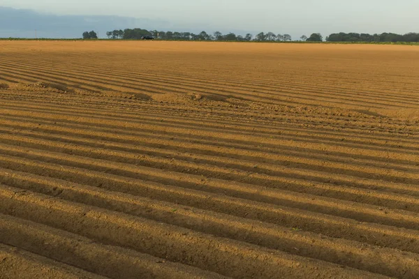 Gepflügte landwirtschaftliche Felder, die für den Anbau von Feldfrüchten in der Normandie vorbereitet wurden. Landschaft, Ackerland im Frühling. umweltfreundliche Landwirtschaft und Konzept der industriellen Landwirtschaft. — Stockfoto
