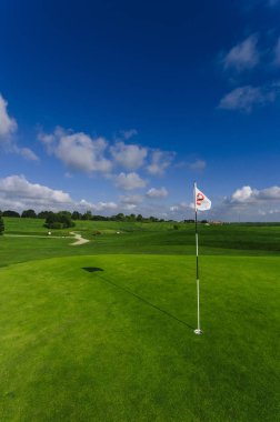 Parlak güneşli bir günde bir yeşil golf sahası, delik ve bayrak görünümünü. Spor, sakin ol, rekreasyon ve eğlence kavramı. Güneş ışınları, yaz yatay