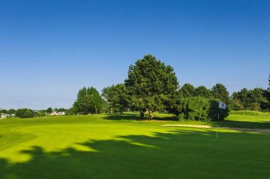 Yeşil bir golf sahası parlak güneşli bir günde bir genel bakış. Pastoral yaz manzara. Spor, sakin ol, rekreasyon ve eğlence kavramı