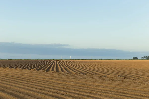 Gepflügte landwirtschaftliche Felder, die für den Anbau von Feldfrüchten in der Normandie vorbereitet wurden. Landschaft mit bewölktem Himmel, Ackerland im Frühling. umweltfreundliche Landwirtschaft und Konzept der industriellen Landwirtschaft. — Stockfoto