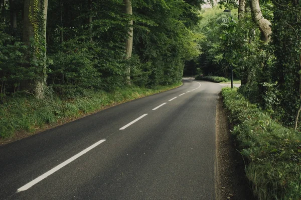 Άδειο χώρα ασφαλτοστρωμένο δρόμο περνώντας μέσα από το καταπράσινο δάσος στην περιοχή της Νορμανδία, Γαλλία. Φύση, εξοχικό τοπίο, μεταφορά και έννοια οδικό δίκτυο. — Φωτογραφία Αρχείου