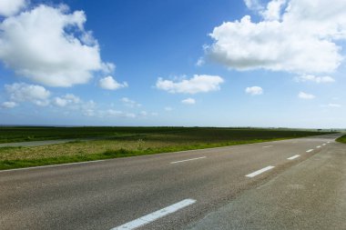 Yeşil ve çiçekli tarım alanları geçerken boş asfalt köy yolunda. Fransa'da bir güneşli bahar gününde kırsal manzara. Çevre dostu tarım, sanayi tarım kavramı