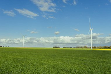 Rüzgar türbinleri bir santral elektrik üretimi için Normandy, Fransa için. Yenilenebilir enerji kaynakları kavramı. Ülke güneşli manzara. Çevre dostu elektrik üretimi. Tonda