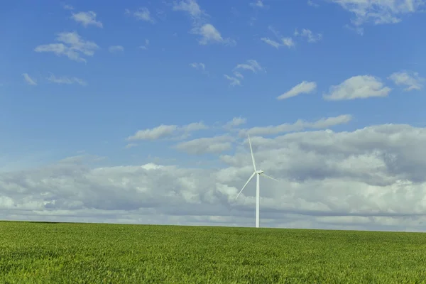 Turbinas eólicas de uma usina para geração de eletricidade na Normandia, França. Conceito de fontes de energia renováveis. Paisagem ensolarada. Produção de electricidade respeitadora do ambiente. Tonificado — Fotografia de Stock