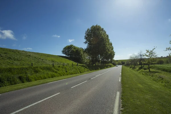 Empty asphalt country road passing through green and flowering agricultural fields. Countryside landscape on a sunny spring day in France. Environment friendly farming, industrial agriculture concept — Stock Photo, Image