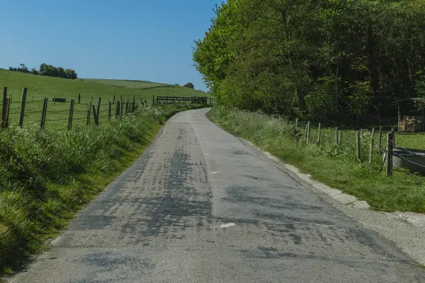 Asphalt empty road passing through the fields in the region of Normandy, France. Landscape in spring sunny day. Toned — Stock Photo, Image