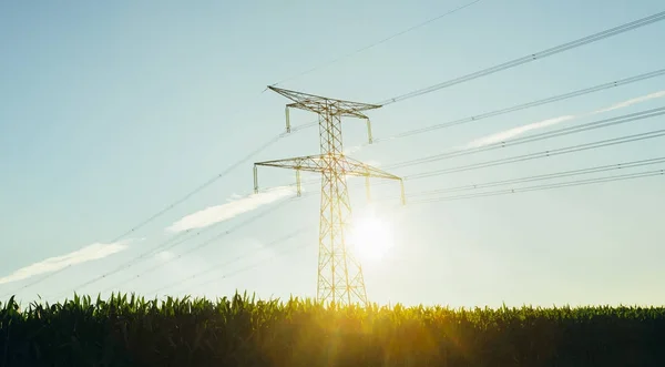 Yüksek gerilim enerji hatları ve enerji nakil direkleri Normandy, Fransa için mavi gökyüzünde güneş ışınları ile. Kırsal manzara. Elektrik üretim ve dağıtım. Elektrik Sanayi ve doğa