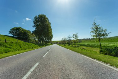 Yeşil ve çiçekli tarım alanları geçerken boş asfalt köy yolunda. Fransa'da bir güneşli bahar gününde kırsal manzara. Çevre dostu tarım, sanayi tarım kavramı