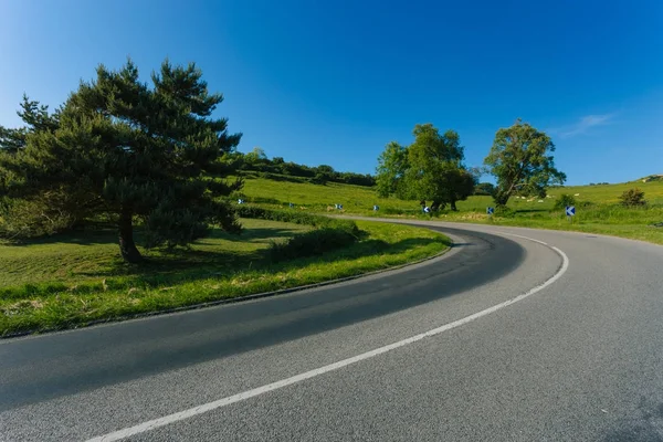 Empty asphalt curvy road passing through green fields and forests. Countryside landscape on a bright sunny day in Normandy, France. Transport, industrial agriculture, holiday and road network concept. — Stock Photo, Image