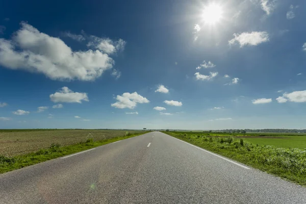 Yeşil ve çiçekli tarım alanları geçerken boş asfalt köy yolunda. Fransa'da bir güneşli bahar gününde kırsal manzara. Çevre dostu tarım, sanayi tarım kavramı