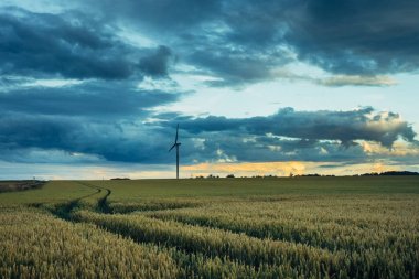 Normandy, Fransa için yeşil tarım alanlarındaki rüzgar türbini elektrik enerjisi üretimi için. Yenilenebilir enerji kaynakları, endüstriyel tarım kavramı. Çevre dostu enerji üretim
