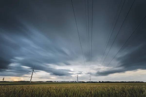 Wiatrowe do wytwarzania energii elektrycznej i linii energetycznych w zielonym polu w pochmurny dzień w regionie Normandia, Francja. Źródeł energii odnawialnej, koncepcja rolnictwa przemysłowego. Eko przyjazny energii produkcji — Zdjęcie stockowe