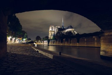 Notre-Dame de Paris gece. Seine Nehri ve şehir ışıkları yansıma iskele üzerinde ünlü antik Katolik Katedrali. Turistik tarihi ve mimari dönüm noktası. Turizm ve seyahat kavramı.