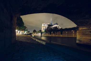 Notre-Dame de Paris gece. Seine Nehri ve şehir ışıkları yansıma iskele üzerinde ünlü antik Katolik Katedrali. Turistik tarihi ve mimari dönüm noktası. Turizm ve seyahat kavramı.