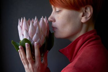 Koyu bir arka planda pembe protea çiçeğini tutan kızıl saçlı kadın. Seçici bir odak noktası.