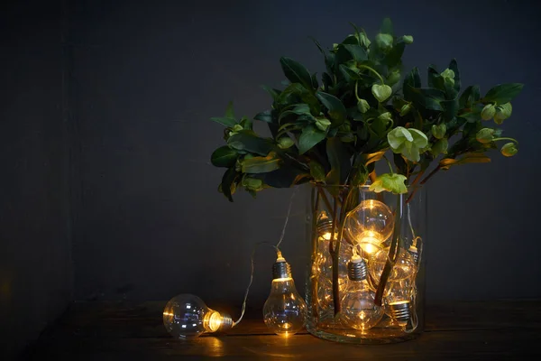 Vaso de vidro cheio de lâmpadas luminosas e um buquê de heléboro, conceito festivo — Fotografia de Stock