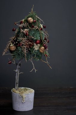 Noel ve Yeni Yıl kompozisyonu. Köknar dallarından yapılmış ve çimento kabındaki doğal malzemeler ve toplarla süslenmiş Noel ağacı.
