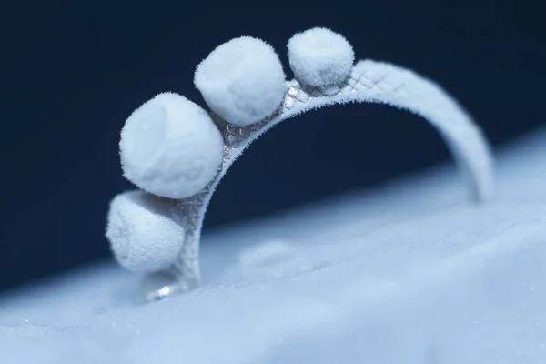 Srebrny pierścień z bliska zamrożony w kawałku lodu, zdjęcie na czarnym tle, ostrość selektywna — Zdjęcie stockowe