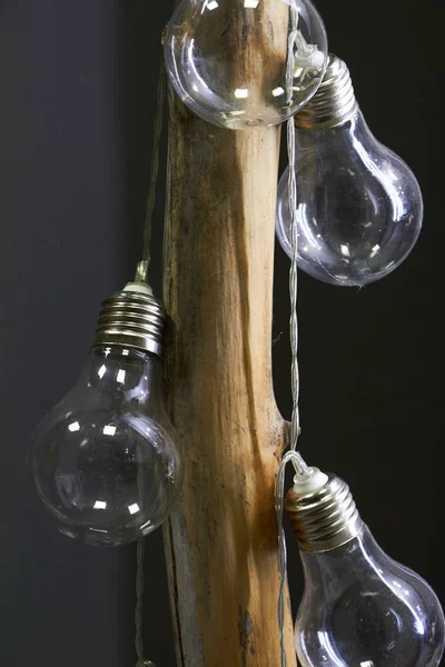 Close-up of garland of light bulbs on a dry wooden branch, selective focus — Stock Photo, Image