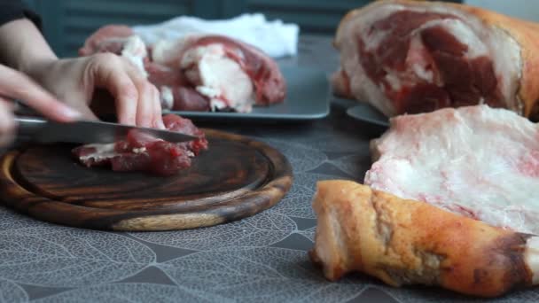 Schritt Für Schritt Rezept Für Schweinshaxe Weibliche Köchin Schneidet Fleisch — Stockvideo