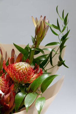 Ayrıntılı bahar ruscus buketi, lökosendron, lökospermum, göz, pamuk, mimoza dalı, gri arka planda lale, seçici odak