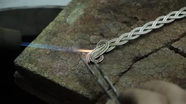 Process Manufacturing Silver Bracelet Master Jeweler Prepares Chemical Solution Selective — Stock Video