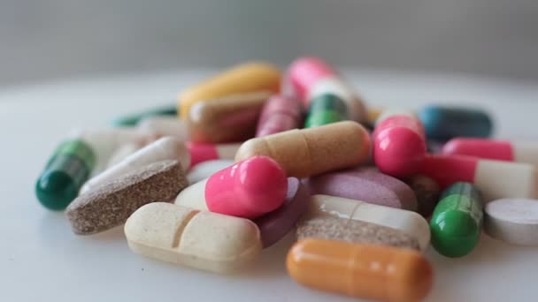 Close Many Colorful Pills Cure Various Diseases Coronavirus Epidemic Selective — Stock Video