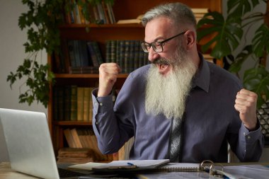 Mesafe öğrenme kavramı. Öğretmen bilgisayara bakıyor ve zafer jesti gösteriyor, seçici odaklanma.