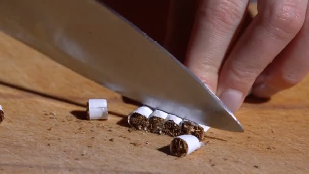 Het meisje snijdt een sigaret met een mes — Stockvideo
