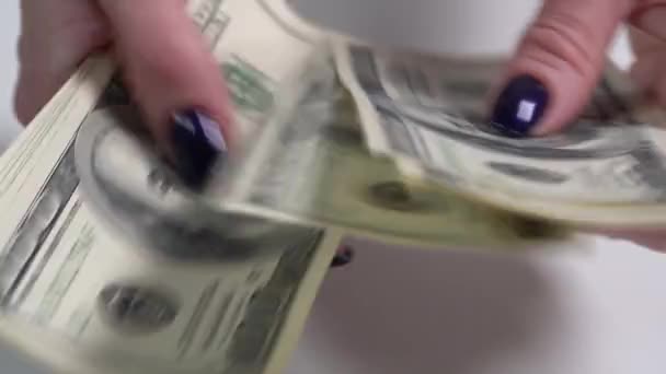 La chica cuenta billetes de dólar. Primer plano — Vídeos de Stock
