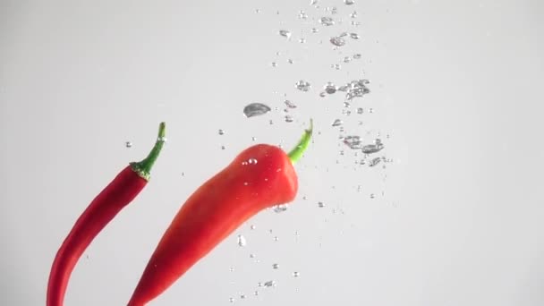 Hot peppers falling into the water. Slow motion — Stock Video