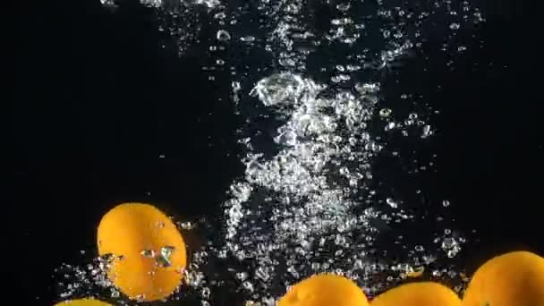 Апельсины падают в воду. Медленное движение — стоковое видео