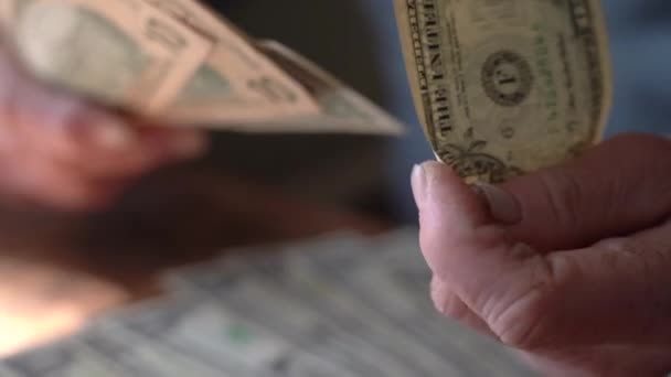 Oudere vrouw telt dollarbiljetten — Stockvideo