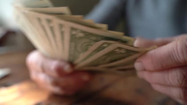 Ηλικιωμένη γυναίκα μετράει χαρτονομίσματα — Αρχείο Βίντεο