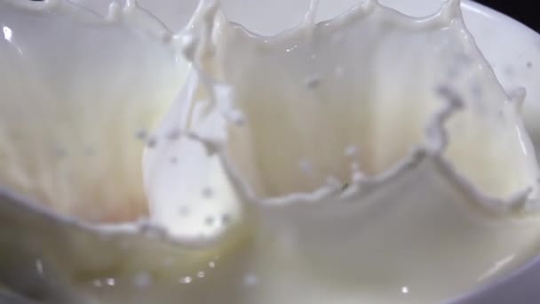 Aardbeien die in melk vallen. Langzame beweging 500fps — Stockvideo