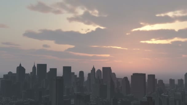 4k Puesta de sol urbana, nube que vuela sobre Nueva York, silueta moderna del edificio del negocio . — Vídeos de Stock