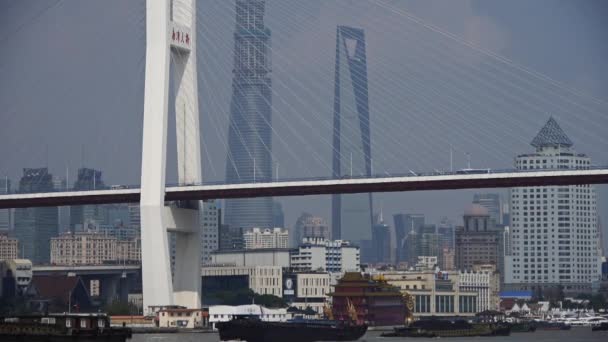 상하이 중국-9 월 12, 2016: 바다 다리를 건너 배송 강, 바쁜 현대 도시 건물. — 비디오