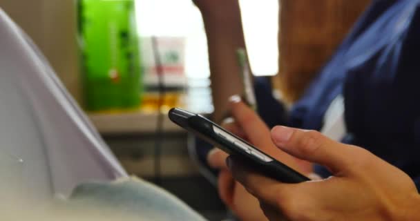 4k, les gens naviguent sur la page Web et le message sur le smartphone dans le train . — Video