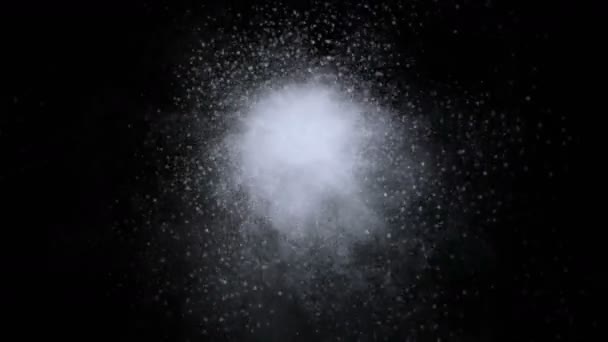 4 k νιφάδες χιονιού έκρηξη σωματίδια χιόνι πυροτεχνήματα φόντο, σκόνη τελείες χιονοστιβάδα — Αρχείο Βίντεο