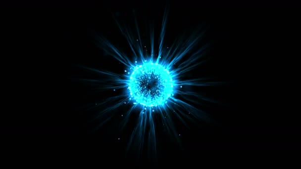 4 k mavi alev topu fiber optik lazer uçan parçacıklar enerji teknik arka plan. — Stok video