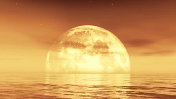 4 k timelapse volle maan stijgt uit het water, Science Fiction scène, flying cloud. — Stockvideo